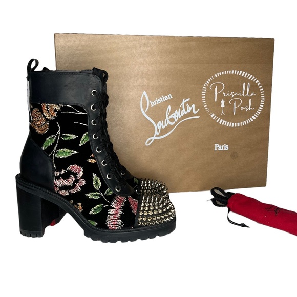 Christian Louboutin Croc Floral Studded Hiking Ankle Boots Black Spike Studded - Picture 5 of 15